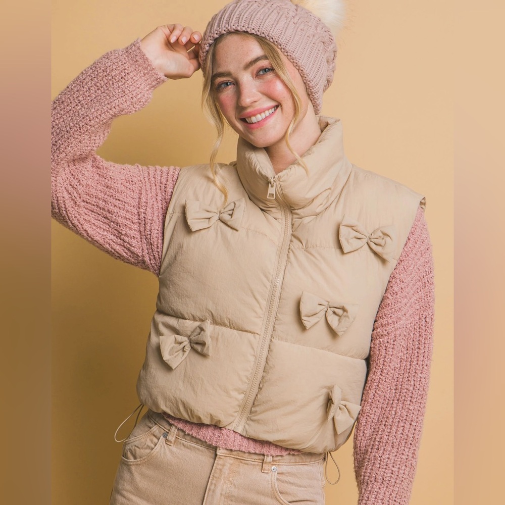 Love Tree Bow Puffer Vest Beige Coquette Zip Up Small